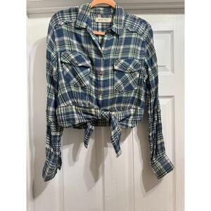 Free People We The Free Plaid Tie Front Cropped Shirt Size Small Boho